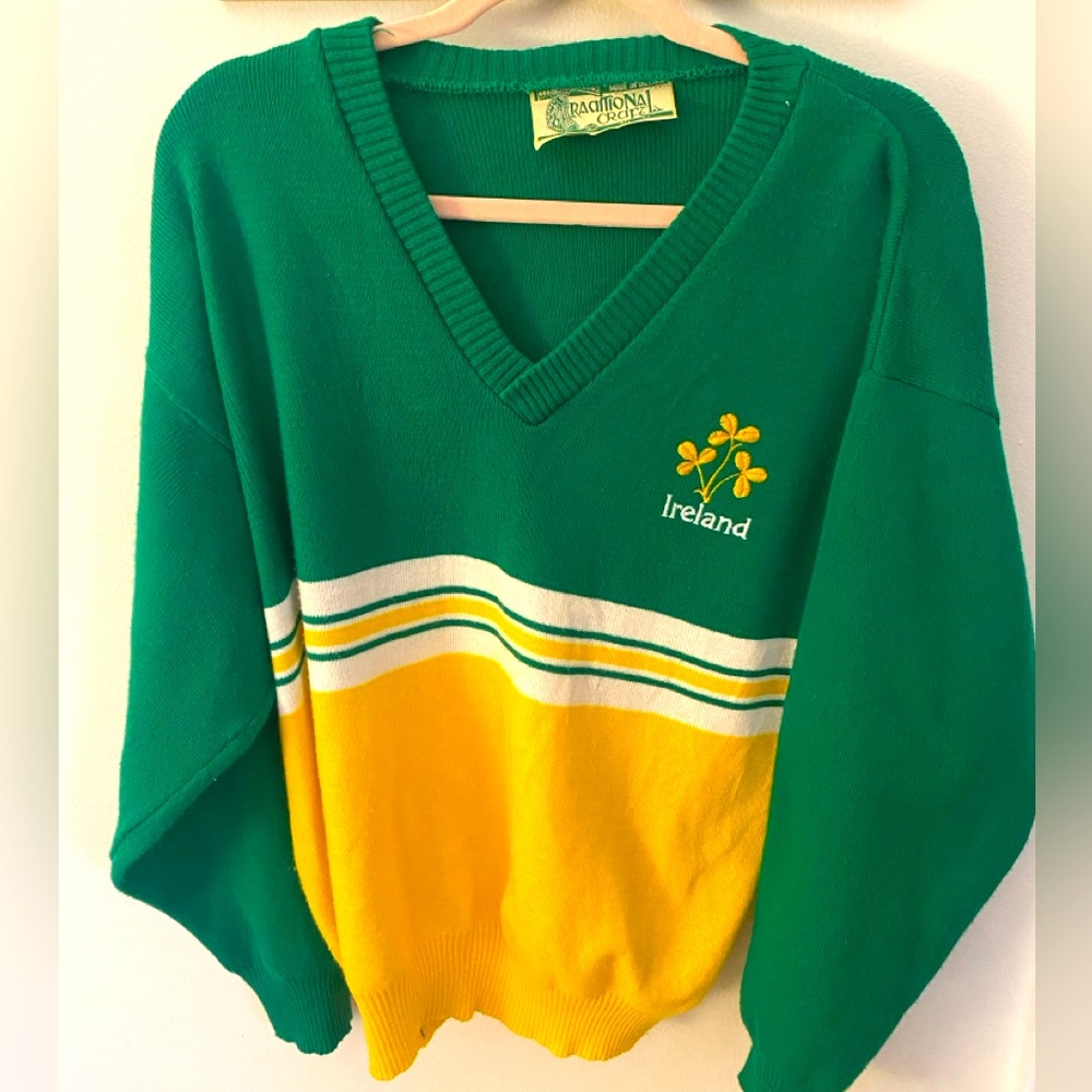 Green and Yellow V-Neck Sweater